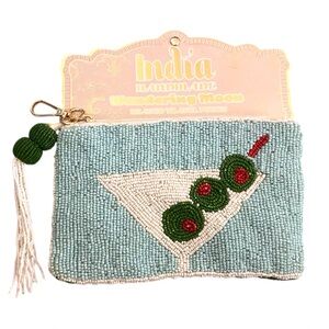 Blue & White Beaded Martini Cocktail Olives Travel Pouch Clutch Coin Purse 7.75”